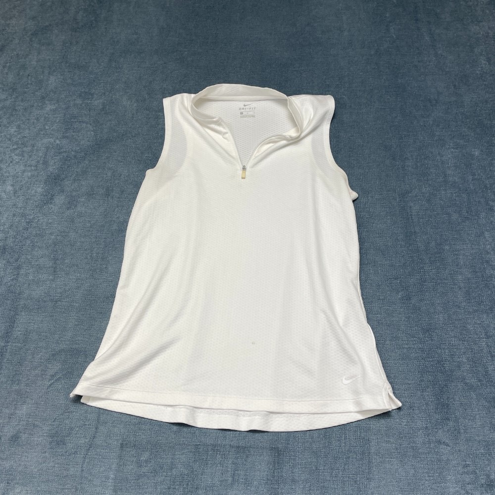 Nike Dri Fit Polo Top Womens Medium White Logo Bomber Collar 1/4 Zip Sleeveless